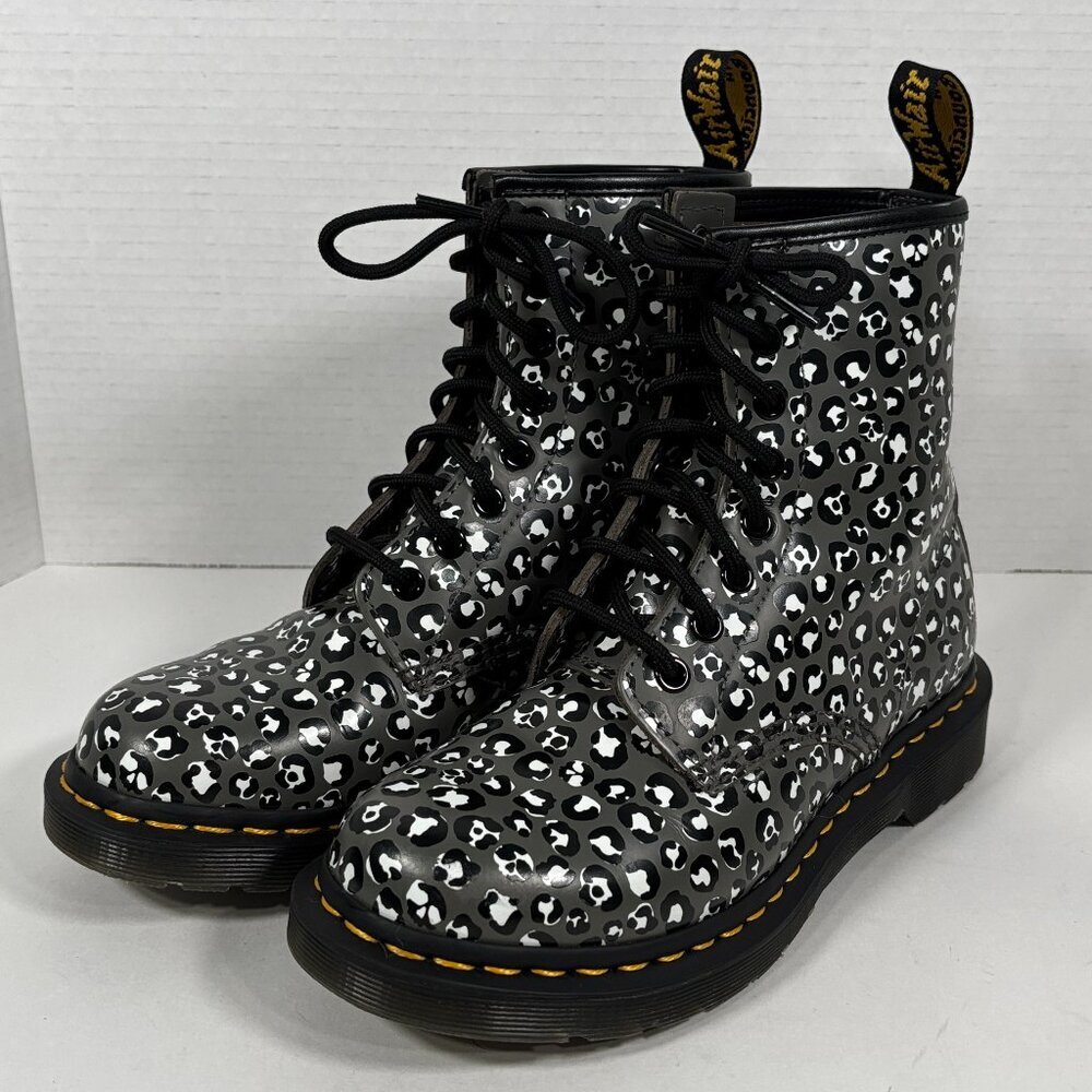 Dr. Marten’s NWOT Loud Leopard Print Leather Combat Boots Gunmetal Lace Up W 6